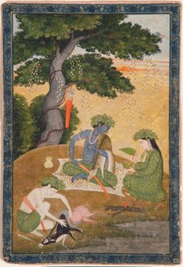 Rama, med Sita og Lakshmana i skogen, fra Ramayana, ca. 1790 (ugjennomsiktig wc og gull på papir) av Indian School