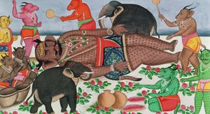 Ramayana-scene: en gruppe demoner som vekker prinsen sin i dvalemodus (gouache og wc på papir) av Indian School