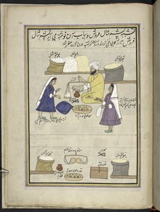 Rå sjalull blir distribuert til kvinner for spinning, 86 tegninger bundet inn i et bind som skildrer handel og yrker i Kashmir, håndverkere vises i arbeid med redskaper og utstyr, Av en Kashmir-kunstner, sannsynligvis i Srinagar, ca. 1850-60 ( av Indian School