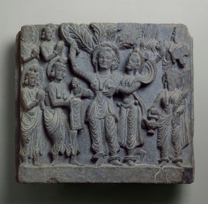 Relieff som viser fødselen til Buddha, Gandhara, sannsynligvis Sikri, 2.-3. århundre (skifer) av Indian School