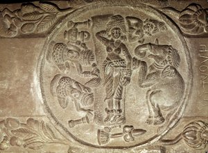 Relieff som viser drømmen til Maya, fra en buddhistisk stupa fra Bharhut, Madhya Pradesh, sen Mauryan-periode, Sunga-dynastiet (180-72 f.Kr.)
