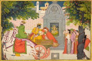 Rukmini stikker av med Krishna, folio fra en Bhagavata Purana, ca. 1780 av Indian School