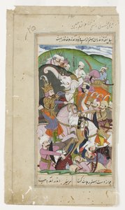 Rustam lasser Khaqan fra Kina og drar ham fra sin hvite elefant, ca. 1790 (ugjennomsiktig akvarell og gull) av Indian School