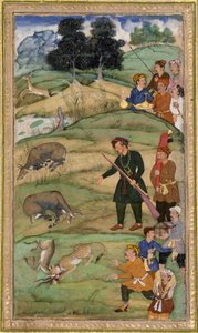 Salim, som holder riflen sin, gestikulerer mot en død nilgai, ca. 1600 (ugjennomsiktig wc og gull på papir) av Indian School