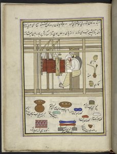 Sjalvevere som vever sjal på en vevstol,  86 tegninger bundet inn i et bind som viser handel og yrker i Kashmir, håndverkere vises i arbeid med redskaper og utstyr,  Av en Kashmir-kunstner, sannsynligvis i Srinagar, ca. 1850-60 (gouache på papir av Indian School