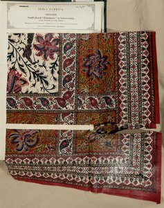 Liten glasert palampore eller sengedekkeprøve fra Masulipatam i Madras, fra The Collection of the Textile Manufacturers of India, av John Forbes Watson, utgitt i 1866 av Indian School