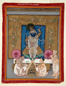 Tilbedelsen av Krishna som Shrinath ji, 1800-25 (ugjennomsiktig wc og gull på papir) av Indian School