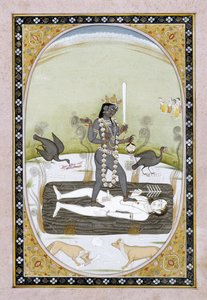 Gudinnen Kali representert i et Kangra-maleri, Himachal Pradesh, ca. 1820-5 (ugjennomsiktig akvarell og gullmaling på papir) av Indian School