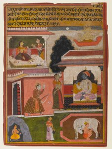 Heltinnen hvis begjær er tilsynelatende, side fra en Rasikapriya-serie, ca. 1660-1690 (ugjennomsiktig wc og gull på papir) av Indian School