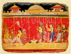 The Marriage of Krishnas Parents, fra et spredt manuskript av Bhagavata Purana fra Mewar, Rajasthan, ca. 1520-50 (ugjennomsiktig wc på papir) av Indian School
