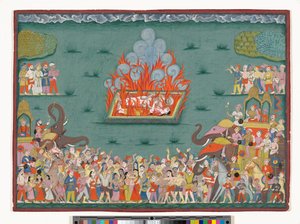 The Sati of Ramabai, kone til Madhavrao Peshwa, ca. 1772-75 (akvarell og gull på papir) av Indian School