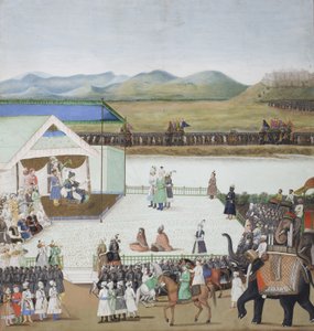 Den tyrkiske sultanen Bayazid brakt til fange før Timur, ca. 1850 (ugjennomsiktig wc og gull på papir) av Indian School