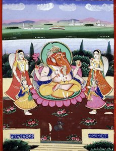 Guddommen Ganesha (Ganesh eller Ganapati), datter av Shiva og Parvati. Indisk populært trykk fra 1800-tallet. av Indian School
