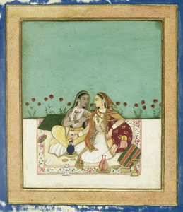 To kvinner på en terrasse, etter 1700 (ugjennomsiktig wc og gull på papir) av Indian School