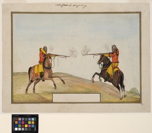 To ridende soldater utveksler rifleild, ca. 1830 (ugjennomsiktig akvarell og gull på papir) av Indian School