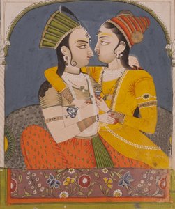 To dronninger som deler en drink, fra Lovers embrace in an alkove, ca. 1780 (ugjennomsiktig wc og gull på papir) av Indian School