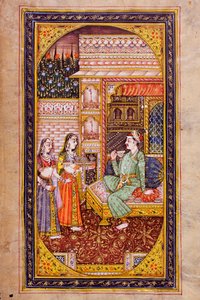 To tjenestejenter serverer forfriskning til en edel mann i et rikt dekorert rom, Rajasthani miniatyrmaleri av Indian School