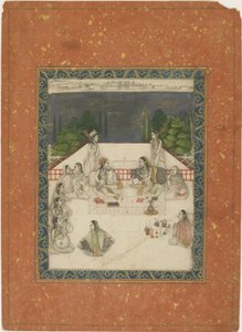 To kvinner sittende på en terrasse, omgitt av ledsagere og musikere, ca. 1650 (ugjennomsiktig wc og gull på papir) av Indian School
