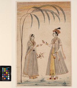 To kvinner under et tre, ca. 1750 (ugjennomsiktig akvarell og gull på papir) av Indian School