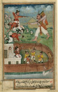 En demon som angriper et fort forsvart av europeiske tropper - Indiske demoner angriper fort forsvart av europeiske tropper - Indisk kunst - ca. 1790 - Akvarell på papir - 24x15,3 - Privat samling av Indian School