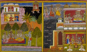 Vaisravana drar til Kailāsa-fjellet mens Rāvaṇa griper Lanka av Indian School