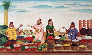 Grønnsaks- og kryddermarkedet i Benares, ca. 1840 av Indian School