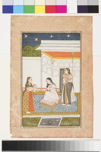 Vilaval Ragini fra Hindol, ca. 1745 (ugjennomsiktig akvarell og gull på papir, montert på en albumside) av Indian School