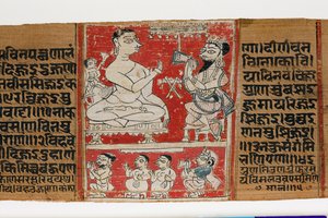 Vimalaprava snakker med Raji og Lakshmi, ca. 1300 (ugjennomsiktig wc på palmeblad) av Indian School