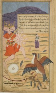 Vol.1 fol.132 Gribben Jatayus hører Sitas bønn og kjemper mot Ravana (ugjennomsiktig akvarell, blekk og gull på papir) av Indian School