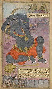 Vol.2 fol.208 Kumbhakarna gjesper mens han blir vekket fra søvnen (ugjennomsiktig akvarell, blekk og gull på papir) av Indian School