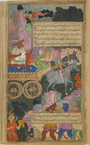 Vol.2 fol.216 Kumbhakarna rykker ut i kamp på sin vogn (ugjennomsiktig akvarell, blekk og gull på papir) av Indian School