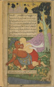 Vol.2 fol.220 Sugriva får sin frihet ved sin plutselige lemlestelse av Kumbhakarna (ugjennomsiktig akvarell, blekk og gull på papir) av Indian School