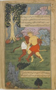 Vol.2 fol.242 Hanuman overvinner Nikumbha ved å vri hodet av ham (ugjennomsiktig akvarell, blekk og gull på papir) av Indian School