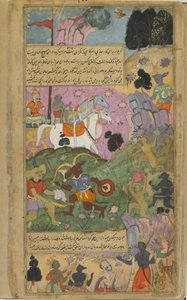 Vol.2 fol.253 Vibhisana formaner apene til å fullføre sin seier over raksasas ved å drepe Indrajita og hans styrker (ugjennomsiktig akvarell, blekk og gull på papir) av Indian School