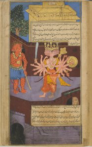 Vol.2 fol.305 Ravana møter en fryktinngytende dørvokter ved Valis-palasset (ugjennomsiktig akvarell, blekk og gull på papir) av Indian School