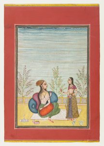 Kvinne og ledsager, ca. 1700-10 (ugjennomsiktig wc og gull på papir) av Indian School