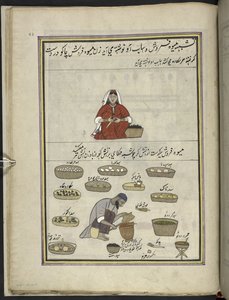 Kvinne frukt-selger; mann steker mais,  86 tegninger bundet inn i et bind som viser håndverk og yrker i Kashmir, håndverkere vises i arbeid med redskaper og utstyr,  Av en Kashmir-kunstner, sannsynligvis i Srinagar, ca. 1850-60 (gouache på papir av Indian School
