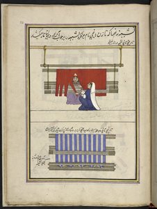 Kvinner setter opp tråder for en renning,  86 tegninger bundet inn i et bind som viser håndverk og yrker i Kashmir, håndverkere vises i arbeid med redskaper og utstyr,  Av en Kashmir-kunstner, sannsynligvis i Srinagar, ca. 1850-60 (gouache på papir) av Indian School