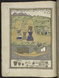 Workers excavating earth and transporting it,   86 drawings bound into a volume depicting trades and occupations in Kashmir, Craftsmen are shown at work with their implements and equipment,   By a Kashmir artist, probably at Srinagar, c.1850-60 (gouache on av Indian School