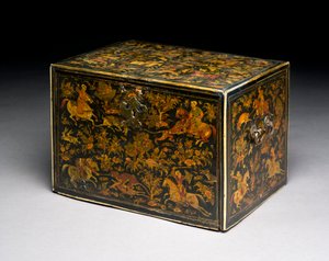 Skriveskap som viser adelsmenn som jakter, 1600-tallet (lakkert tre) (se 119073 for detaljer)