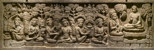 Arada Kalama leverer sin undervisning til den fremtidige Buddha. Indonesia, Java, Boroduru. Slutten av 1800-tallet