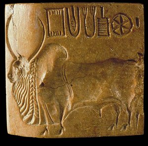 Zebu oksesel med Indus-skrift funnet i Mohenjo Daro, Indus-dalen, 3. årtusen f.Kr. av Indus Valley Civilisation.