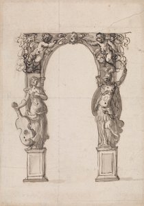 Design for en midlertidig bue dekorert med Putti og allegoriske figurer av musikk og krig av Inigo Jones
