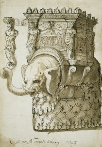 Design for en elefantkonkurranse (penn og blekk på papir) av Inigo Jones