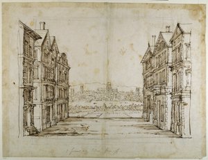 Engelske hus med London og Themsen langt unna (penn og blekk på papir) av Inigo Jones
