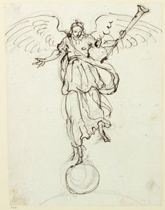 Berømmelse, foreløpig skisse, ca. 1631 (penn og blekk på papir) av Inigo Jones