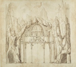 Palass i en hule, ca. 1611 (penn og blekk på papir) av Inigo Jones