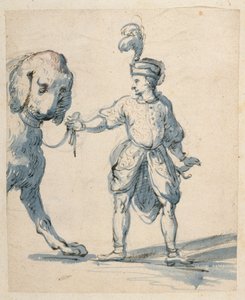 Polsk dverg som leder en hund (penn og blekk og vask på papir) av Inigo Jones