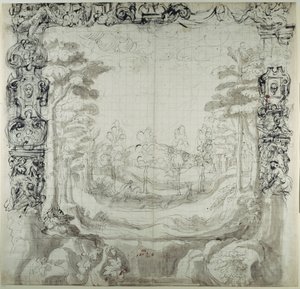 Proscenium og jaktscene (penn og blekk på papir) av Inigo Jones