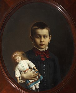 Portrett av en jente med dukke i hånden av Volkov, Iosif Petrovich (1854-etter 1897). Olje på lerret av Iosif Petrovich Volkov